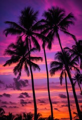 lush palm trees silhouetted vibrant sunset backdrop colorful skies purple tones enhancing tranquil tropical atmosphere, sky, orange, pink, landscape, glow