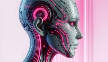 Obraz premium Female cyborg face with pink neon lines, futuristic robotic art, 3d render