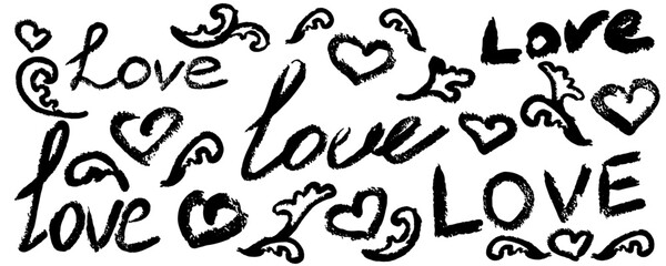 Fototapeta premium Set of words love and hearts. Ink, hand draw with rough edges. Handwritten font vector. Typographic decor for greeting cards