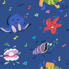 Fototapeta premium Cute sea animals pattern. Starfish, squid, mussels and fish. Music notes, happy singing.