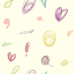 Colorful pattern with abstract doodles threads. Hand drawn lines, crumpled thread, harts and signs.