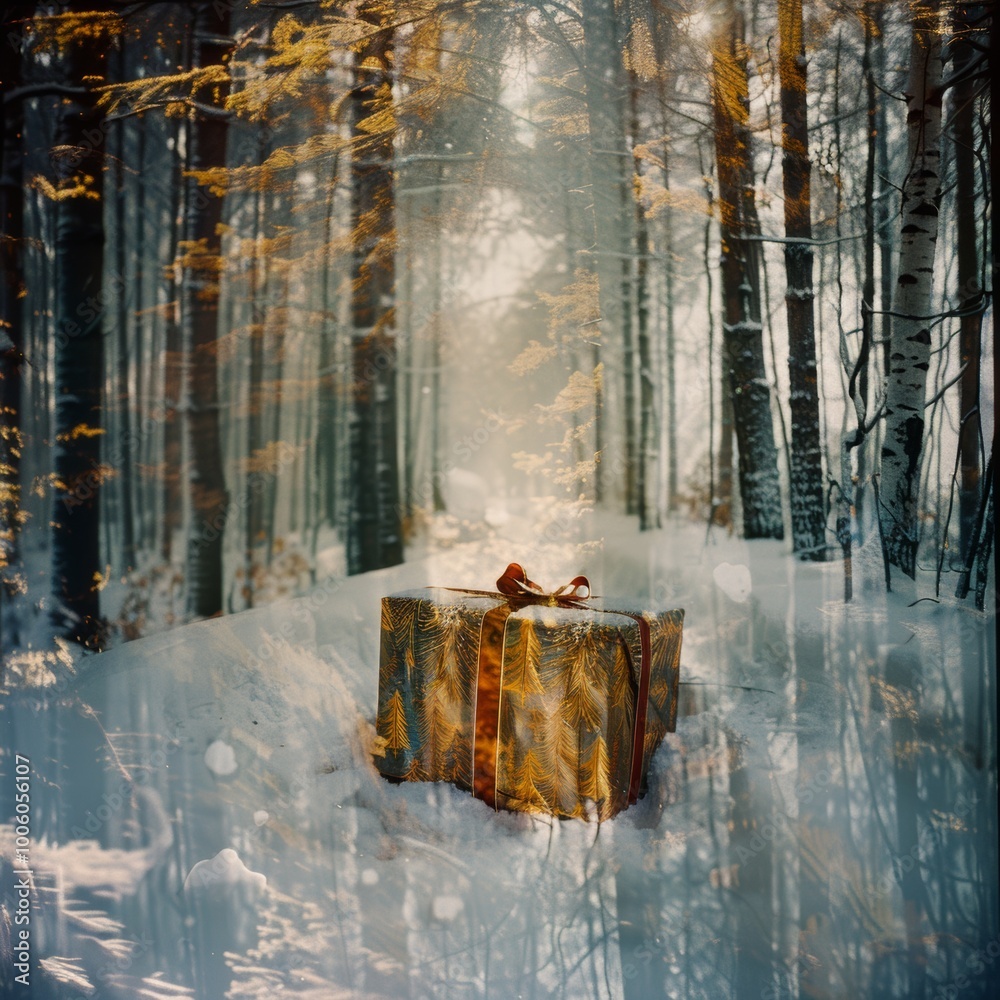 Wall mural A large box with a red ribbon sits in the snow in a forest. The scene is serene and peaceful, with the snow-covered trees providing a beautiful backdrop. The box could be a gift