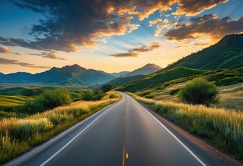 Fototapeta premium tranquil landscape featuring lush open road surrounded vibrant greenery scenic horizons under clear blue sky, adventure, agricultural, backdrop, beauty