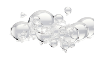 Cluster of hyaluronic acid bubbles varying in size with subtle reflections on their surfaces isolated on white background