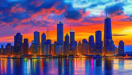 Fototapeta premium Vibrant City Skyline at Sunset with Reflections