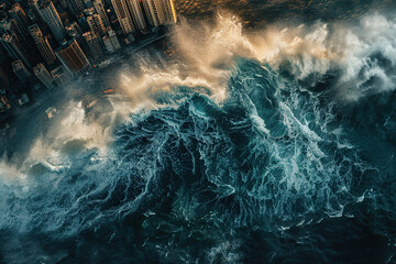 Naklejka premium Generative ai on theme of a scary tsunami with huge foamy wave, apocalyptic dramatic background