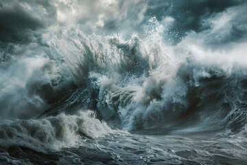Obraz premium Generative ai on theme of a scary tsunami with huge foamy wave, apocalyptic dramatic background