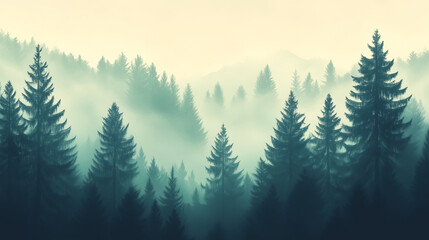 Fototapeta premium Misty landscape with fir forest in vintage retro style. Generative AI 