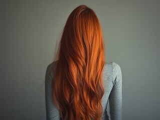 Fototapeta premium Woman with Red Hair Standing Against Gray Wall