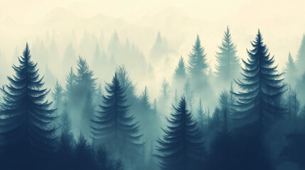 Misty landscape with fir forest in vintage retro style. Generative AI
