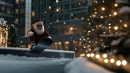 Santa Claus shows off snowboarding skills in a festive, wintry setting while sports a stylish pair of sunglasses