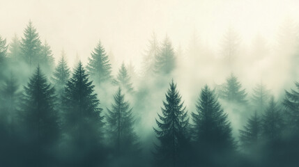 Fototapeta premium Misty landscape with fir forest in vintage retro style. Generative AI 