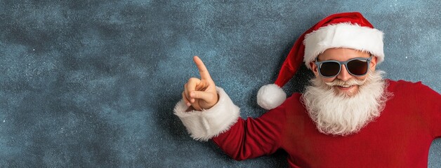 Santa Claus shows off snowboarding skills in a festive, wintry setting while sports a stylish pair of sunglasses