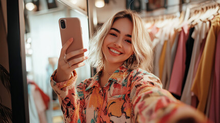 Fashion influencer make selfie in shop