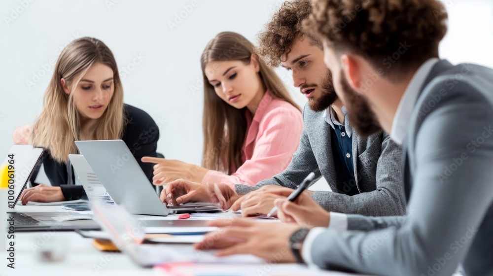 Poster a group of people are sitting around a table with laptops and papers