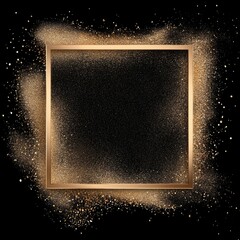 A luxurious gold glitter frame surrounded by shimmering golden dust against a rich black...