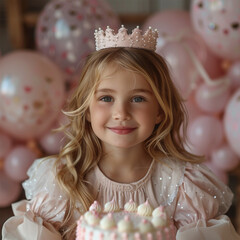 Cute little girl in crown with Birthday cake and balloons on pink background. Made with generative ai.