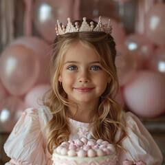 Cute little girl in crown with Birthday cake and balloons on pink background. Made with generative ai.