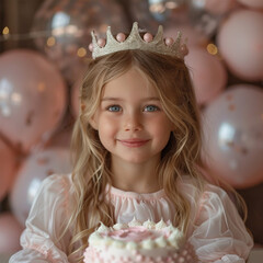 Cute little girl in crown with Birthday cake and balloons on pink background. Made with generative ai.