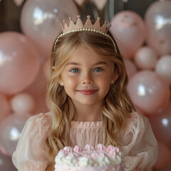 Cute little girl in crown with Birthday cake and balloons on pink background. Made with generative ai.