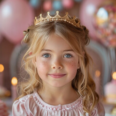 Cute little girl in crown with Birthday cake and balloons on pink background. Made with generative ai.