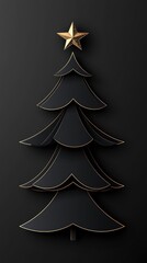 Obraz premium A sparkling golden Christmas tree adorned with a star, radiating warmth and magic against a sleek black background