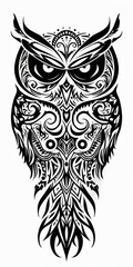Fototapeta premium Owl head with ornate tribal decorations in a flat lay view.