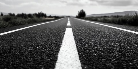 Fototapeta premium Close-up view of a deserted road with white markings and an open landscape in black and white.