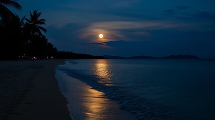 Obraz premium Serene Nighttime Beachscape with Full Moon Reflection.
