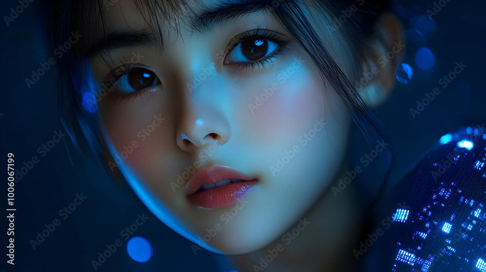 Canvas Prints Close-up Portrait of a Woman with Blue Lighting