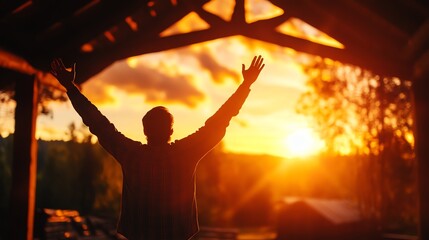 Fototapeta premium Person celebrating at sunset, silhouetted against a vibrant sky.