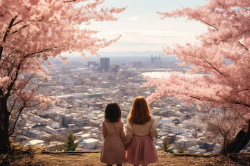 Fototapeta premium AI generated image of a beautiful charming little two girls walking in botany garden