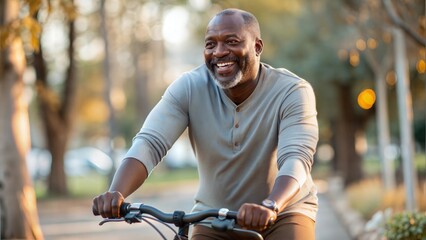 Fototapeta premium Happy Senior Black Man Riding His Bicycle Through a Sunny Park