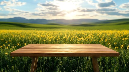 Fototapeta premium Wooden table in a vibrant field under a bright sun, ideal for outdoor dining or relaxation.