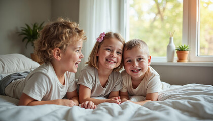 Obraz premium Happy young family with kids relax in bedroom, Female pressing hypoallergenic foam mattress surface to check its softness. Close up, copy space, top view, background, mattress sale, mattress banner, 