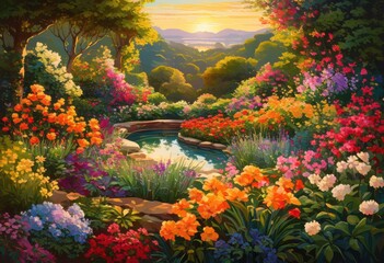 Naklejka premium exploring vibrant tapestry flora seasonal transformation showcasing colorful lush dynamic shifts, botany, flowers, plants, leaves, petals, blooms