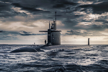Beautiful large submarine floating in middle of ocean during mission