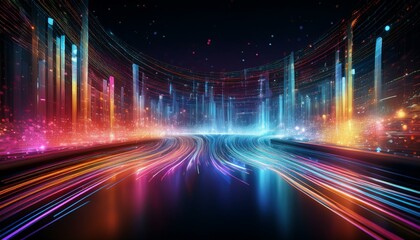 Fototapeta premium Colorful Streaming Data Visuals on Curved Screens in Digital Space, Technology Background for Video Hosting and Movie Streaming Services