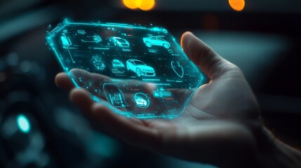 Close-up of a mechanic's hand holding a glowing virtual shield filled with car service and repair icons, symbolizing high-tech customer service and automotive maintenance in a digital space