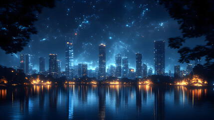 Cityscape Night with Stars Reflected in Water