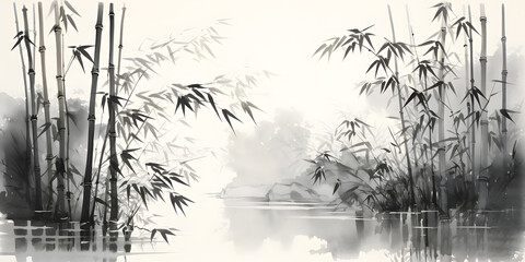 Ink painting with a still life of a bamboo grove and a water surface. Traditional oriental painting suggests sumi-e, u-sin, go-hua. © trompinex