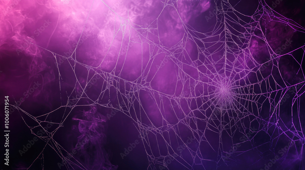 Canvas Prints a large spider web illuminated by a purple glow against a smoky background, creating an eerie and my