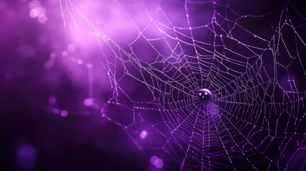 A spider web covered in dew with a small decorative spider, glowing softly against a purple-lit background, perfect for a spooky Halloween display.
