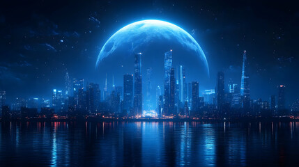 Futuristic Cityscape Under a Glowing Moon