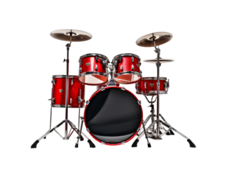 a red drum set with black drum sticks