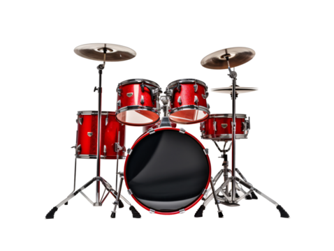 a red drum set with black drum sticks