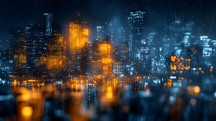 Obraz premium Cityscape Raining at Night with Blurry Lights and Reflections