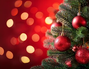 Fototapeta premium Festive Christmas Tree with Red Ornaments and Warm Bokeh Lights on Vibrant Red Background Celebrating Holiday Spirit and Joy
