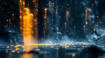 Digital Waterfall: Glowing Lights Cascade Down a Cliff