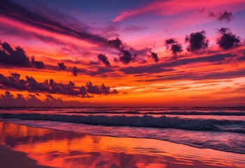 Obraz premium stunning vibrant beach sunset creating beautiful reflections peaceful water surface, color, sky, clouds, silhouette, ocean, light, nature, horizon, dusk